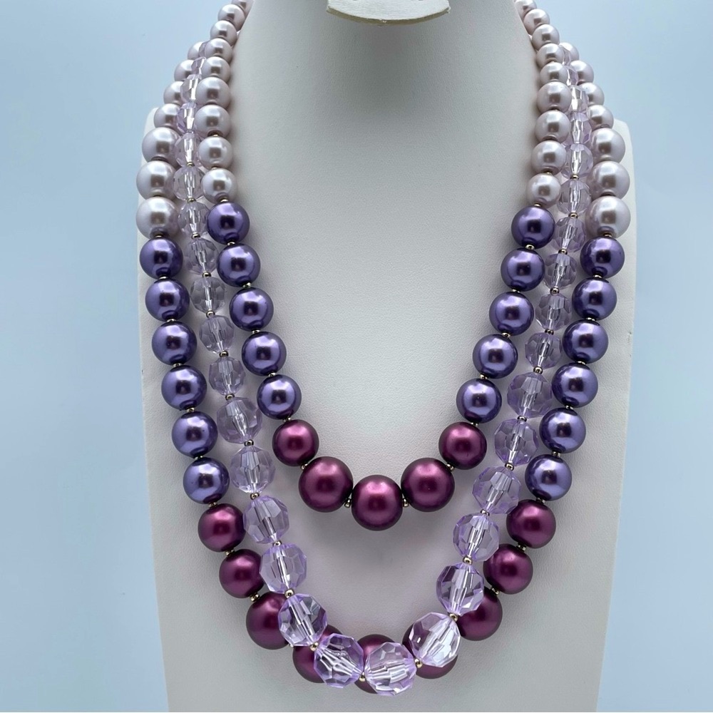 Triple Strand Beaded Statement Necklace in Purple, Plum & Lavender